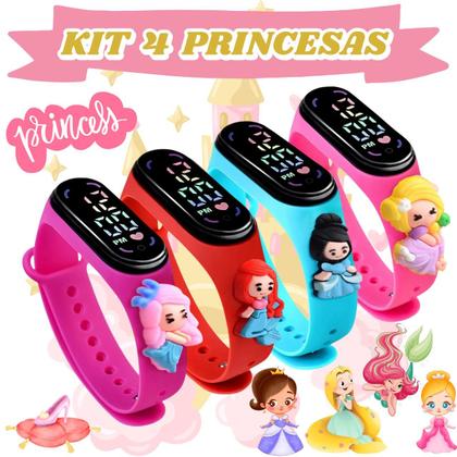 Imagem de Kit 4 Relógios Infantil Digital Led Touch Infantil Princesas Mundo Encantado Menina