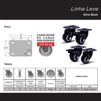 Imagem de Kit 4 Rodízio Linha Black Placa 41mm Móveis Sem Freio Placa 120kg Preto - Colson