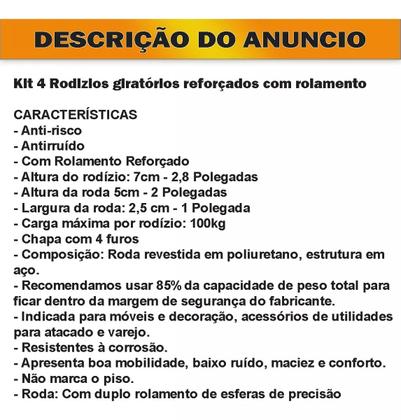 Imagem de Kit 4 Rodízio Rodinhas Giratórias Borracha Roda Reforçada Sem Freio Trava 50mm Peso 400kg