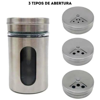 Imagem de Kit 4 Saleiro De Mesa Aço Inox Vidro Restaurante 3 Abertura