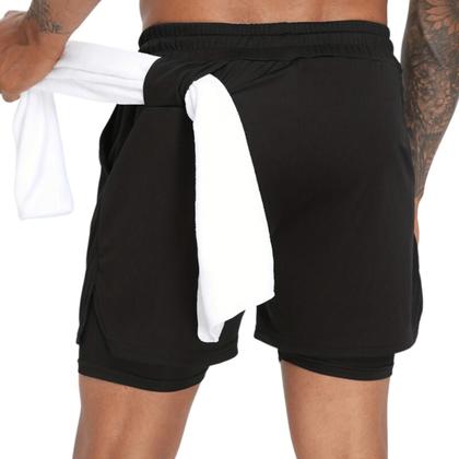 Imagem de kit 4 short 2 em 1 masculino duplo com bolso interno para celular academia treino anti odor anti assadura proteção UV 2 Branco 2 Preto