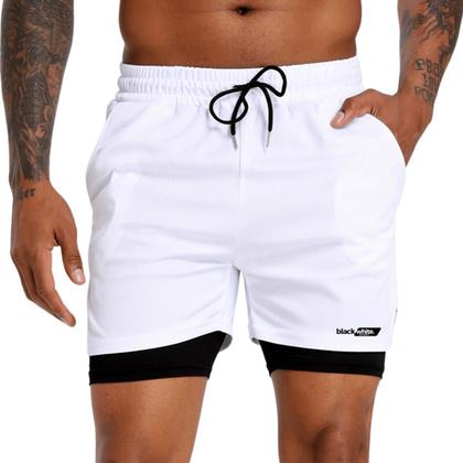 Imagem de kit 4 short 2 em 1 masculino duplo com bolso interno para celular academia treino anti odor anti assadura proteção UV 2 Branco 2 Preto