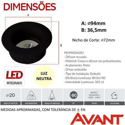 Imagem de Kit 4 Spot Led Preto Redondo Recuado 5w Branco Neutro 4000K