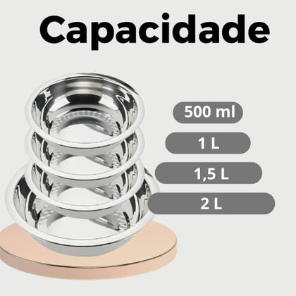 Imagem de kit 4 Tigelas Bacia Bowls Redonda Inox Alto Brilho Saladeira Massa 500ml 1L 1,5L 2L