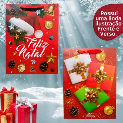 Imagem de Kit 4 Unidades Sacola de Presente Embrulho Natalina Natal Papai Noel Arvore 32x26 Decorada Enfeite Lindo Cetim