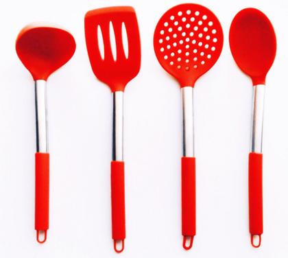 Imagem de Kit 4 Utensílios de Cozinha Silicone com Cabo Inox - Luxo Vermelho