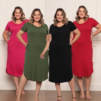Imagem de Kit 4 Vestido Feminino Plus Size Midi Camisão com Bolso Viscolycra Saruel