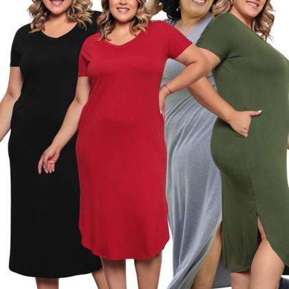 Imagem de Kit 4 Vestido Feminino Plus Size Midi Camisão com Bolso Viscolycra Saruel