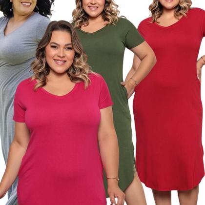 Imagem de Kit 4 Vestido Feminino Plus Size Midi Camisão com Bolso Viscolycra Saruel