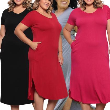 Imagem de Kit 4 Vestido Feminino Plus Size Midi Camisão com Bolso Viscolycra Saruel