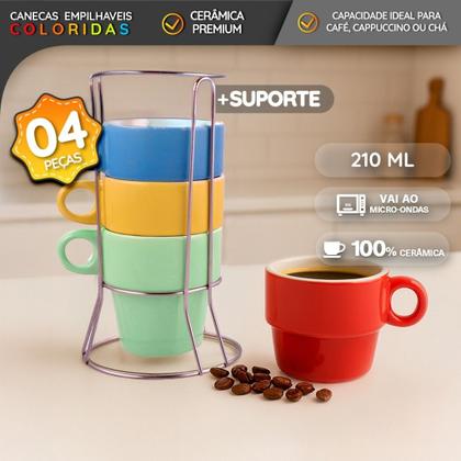 Imagem de Kit 4 Xícaras 210ml Coloridas Empilháveis com Suporte Metálico em Cerâmica Arco-Íris