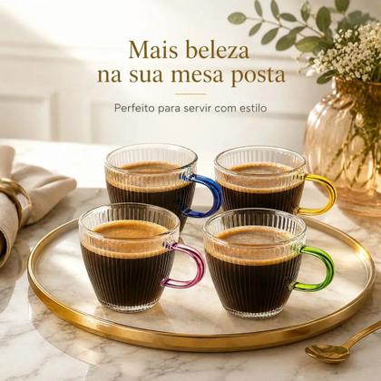 Imagem de Kit 4 Xícaras Café 100ml Vidro Borossilicato Alças Coloridas