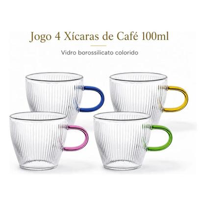 Imagem de Kit 4 Xícaras Café 100ml Vidro Borossilicato Alças Coloridas