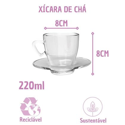 Imagem de Kit 4 Xícaras Chá Vidro 220mL C/ Pires Moderna Transparente