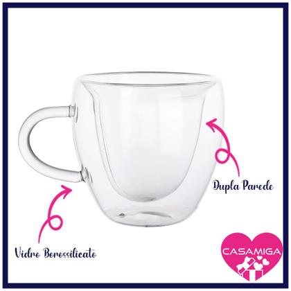 Imagem de Kit 4 Xícaras Vidro Borossilicato Parede Dupla Coração Chá