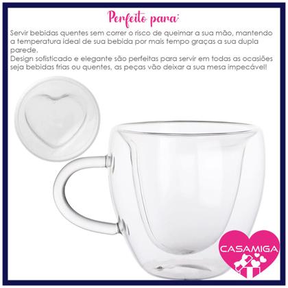 Imagem de Kit 4 Xícaras Vidro Borossilicato Parede Dupla Coração Chá