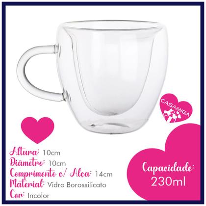 Imagem de Kit 4 Xícaras Vidro Borossilicato Parede Dupla Coração Chá