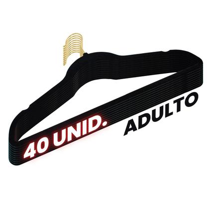 Imagem de Kit 40 Cabides Veludo Preto Gancho Dourado Antideslizantes