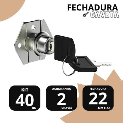 Imagem de Kit 40 Fechadura Cilindro 22Mm Gavetas Armário Mesa 2 Chaves