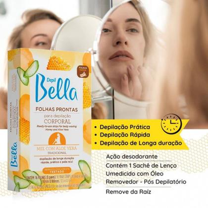 Imagem de Kit 48 Folhas Prontas Depilação Corporal Pernas Braços Depil Bella Mel 3cx
