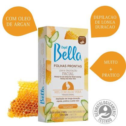 Imagem de Kit 48 Folhas Prontas Para Depilação Facial Mel e Aloe Vera Depil Bella 3cx 16un