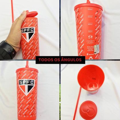 Imagem de Kit 4Un Copo Plástico Vermelho C/ Tampa + Canudo 500ml Infantil Criança Time São Paulo Oficial