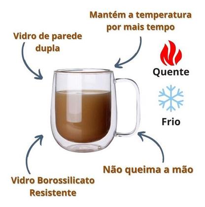 Imagem de Kit 4x Caneca Vidro Duplo Xícara Parede Dupla Café Chá 260ml