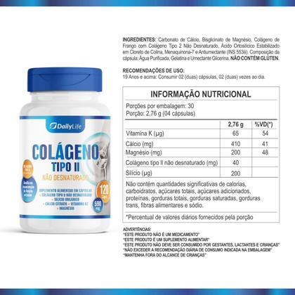 Imagem de Kit 4x Colageno Tipo 2 Nao Desnaturado Calcio Magnesio 120 Capsulas Suplemento Alimentar Sem Gluten DailyLife