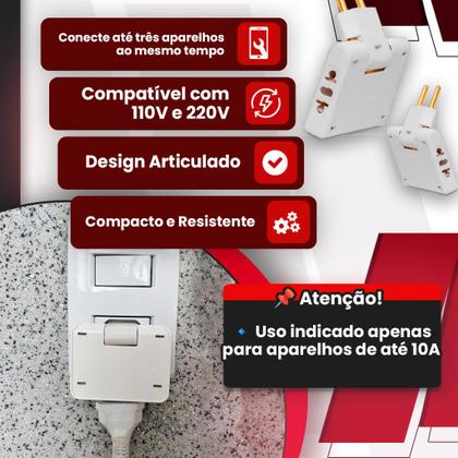 Imagem de Kit 5 Adaptador Articulado Deslocado benjamin 10A Resistente Bivolt universal resistente T para casa
