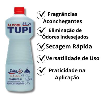 Imagem de Kit 5 Álcool Líquido 46,2 TUPI 1L Talco Limpeza Eficiente Secagem Rápida Perfume Duradouro