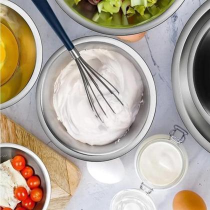 Imagem de Kit 5 Bacias Tigela Em Inox 17,19, 21,23 E 25Cm C/Fouet 24Cm