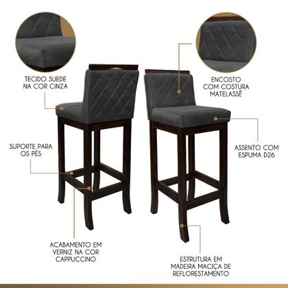 Imagem de Kit 5 Banquetas Alta com Encosto Matelassê Nice Madeira Maciça Maciça Suede Cinza CCS