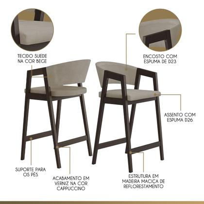 Imagem de Kit 5 Banquetas Alta com Encosto Ravena Madeira Maciça Maciça Capuccino Suede Bege CCS
