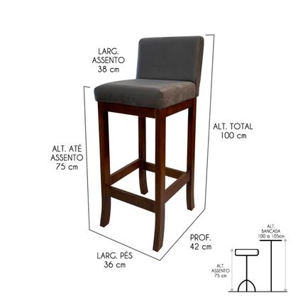 Imagem de Kit 5 Banquetas Alta de Madeira para Bancada Castanho Melody Suede Cinza