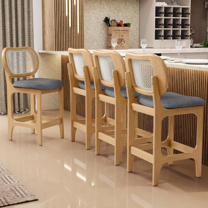 Imagem de Kit 5 Banquetas Baixa Bar Cozinha Sala de Jantar Betta L02 Mel Tela Linho Cinza Escuro - Lyam Decor