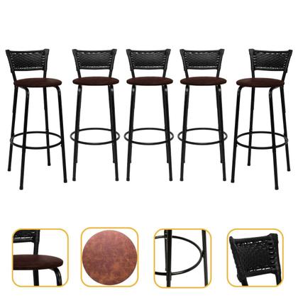 Imagem de Kit 5 Banquetas Banco Cadeira Alta Balcão Americana Bar Bancada Cozinha Gourmet Ilha Estrutura Preta Itagold