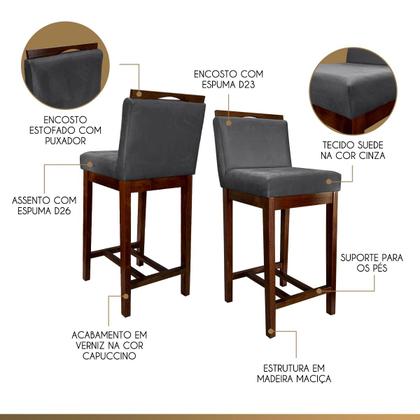 Imagem de Kit 5 Banquetas Média para Bancada Gourmet Líbia Madeira Capuccino Suede Cinza CCS