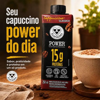 Imagem de Kit 5 Bebida UHT Cappuccino Proteico 3 Corações Power 250ml Zero Lactose