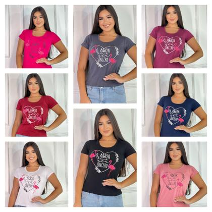 Imagem de KIT 5 Blusas Femininas T-shirt flamingo Manga curta