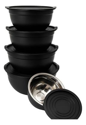 Imagem de Kit 5 Bowls de Aço Inox Preto com Tampas Pretas  Tigelas Empilháveis para Cozinha, Preparo e Armazenamento