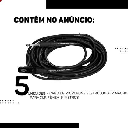 Imagem de Kit 5 Cabo De Microfone P10 Mono Para Xlr Fêmea 10m Metros - Eletrolon