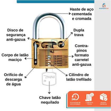 Imagem de Kit 5 Cadeado De latão Maciço Com Haste Curta Papaiz Cr 45mm