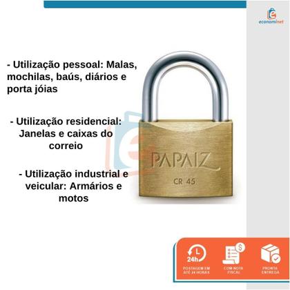 Imagem de Kit 5 Cadeado De latão Maciço Com Haste Curta Papaiz Cr 45mm