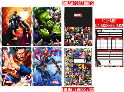 Imagem de Kit 5 Caderno Marvel Now Espiral 80 Fls + Cartografia e Desenho Vingadores