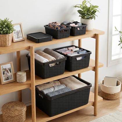 Imagem de Kit 5 Caixa Organizadora Cesto com tampa grande Caixas em plástico 2L 6L 16L Preto