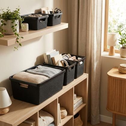 Imagem de Kit 5 Caixa Organizadora Cesto com tampa grande Caixas em plástico 2L 6L 16L Preto