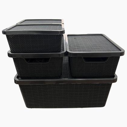 Imagem de Kit 5 Caixa Organizadora Cesto com tampa grande Caixas em plástico 2L 6L 16L Preto