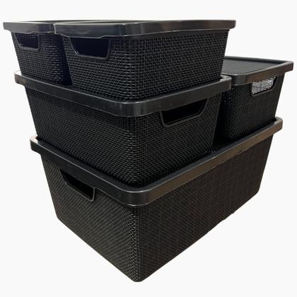Imagem de Kit 5 Caixa Organizadora Cesto com tampa grande Caixas em plástico 2L 6L 16L Preto