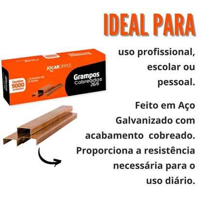 Imagem de Kit 5 Caixas de Grampo Cobreado para Grampeador 26/6 com 5000un ideal para escritório contabilidade escolas