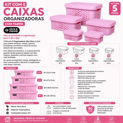 Imagem de Kit 5 Caixas Organizadora com Tampa Plastico Premium 2,6  6  11  17 Litros